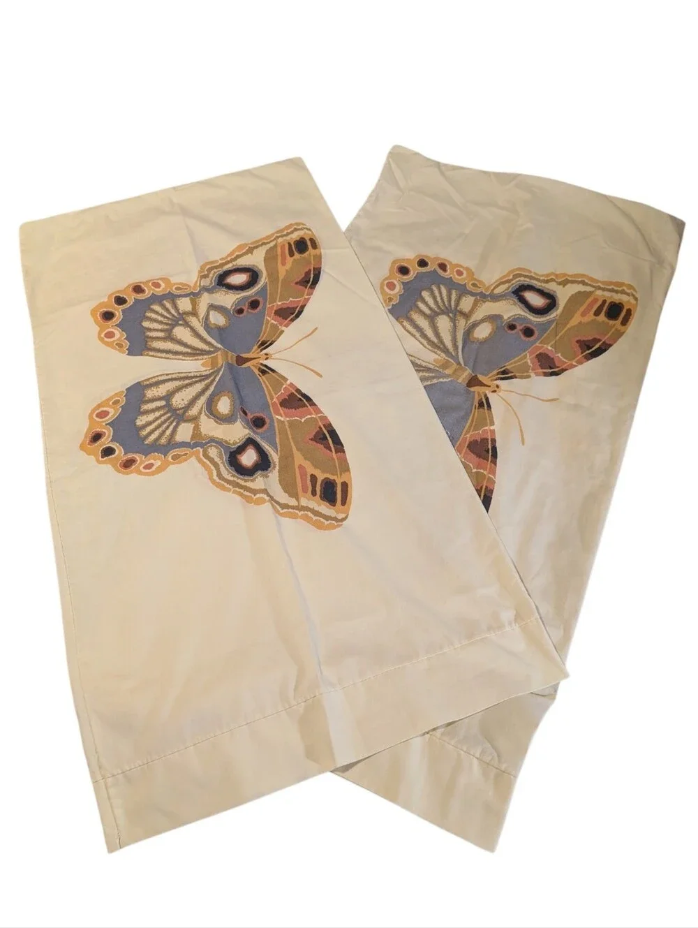 Vintage Butterfly Pillowcases Pair Cream Blue Orange Large Graphic Retro Bedding
